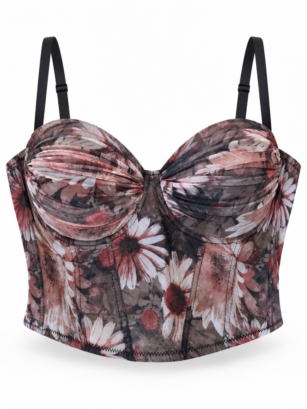 Floral Mesh Corset Bustier Top 3XL Kaylee Kollection Mauve Black Ruched Coquette